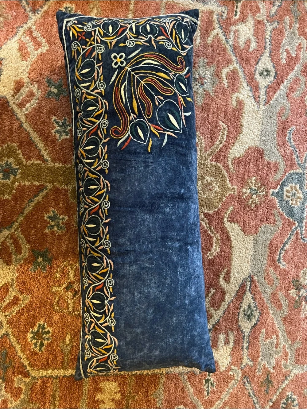Anthropologie Satyana Embroidered Velvet Throw Pillow Rectangular Blue